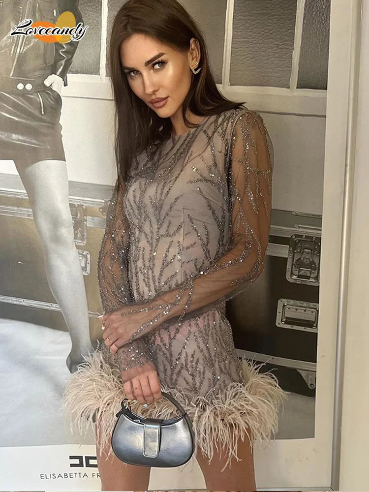 Product Name: Luxe Feather Sequin Mini Dress