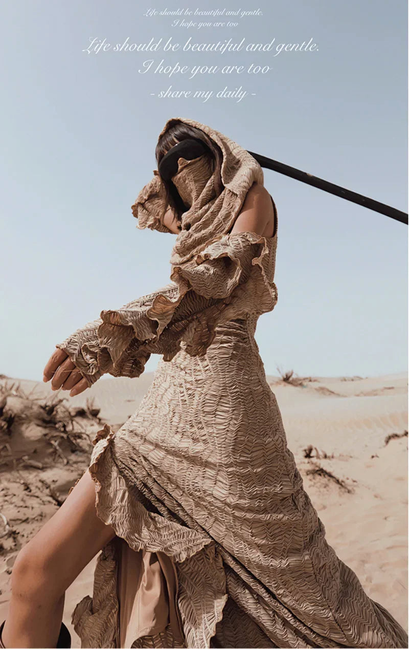 Desert Chic: 2-Piece Hooded Dress & Oversleeves Set