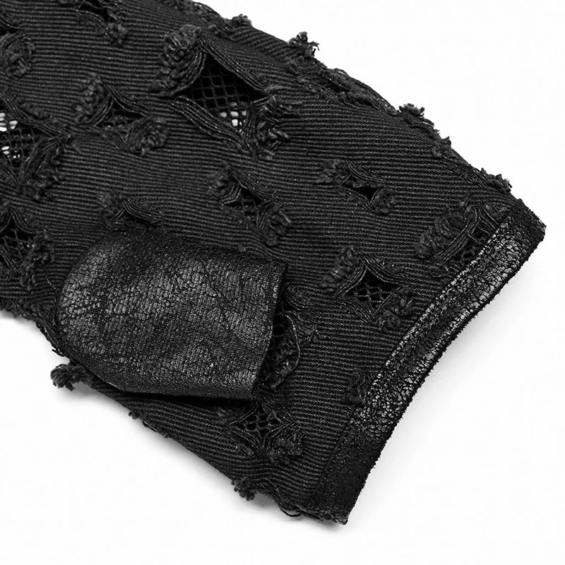 Punk Twill Holes Denim & Gauze Fingerless Gloves