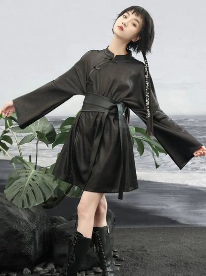 UMI MAO Retro Slant Buckle Black Long Sleeve Blouse