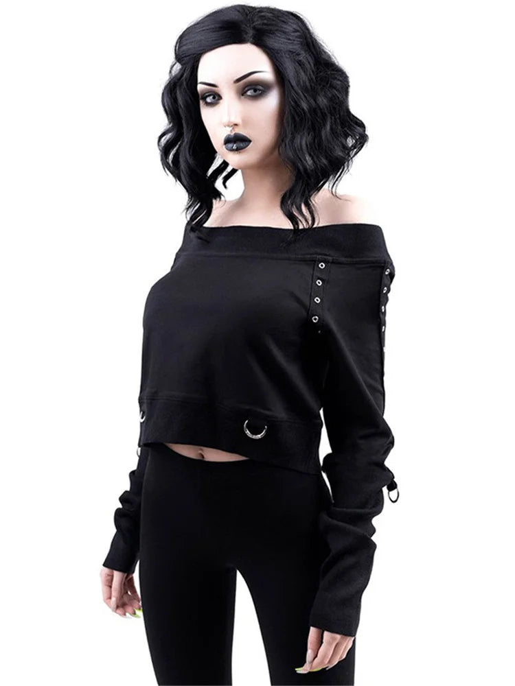 Gothic Punk Slash Neck Crop Top — Y2K Long Sleeve