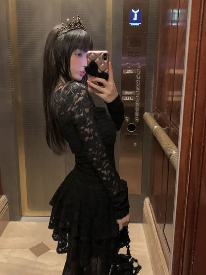 Lace-Inspired Slim-Waist Y2K Tunic Dress
