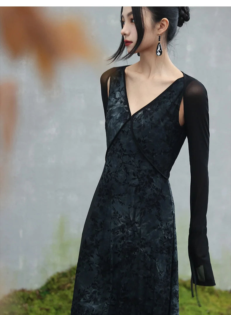 Retro V-Neck A-Line Tie-Dye Dress Set