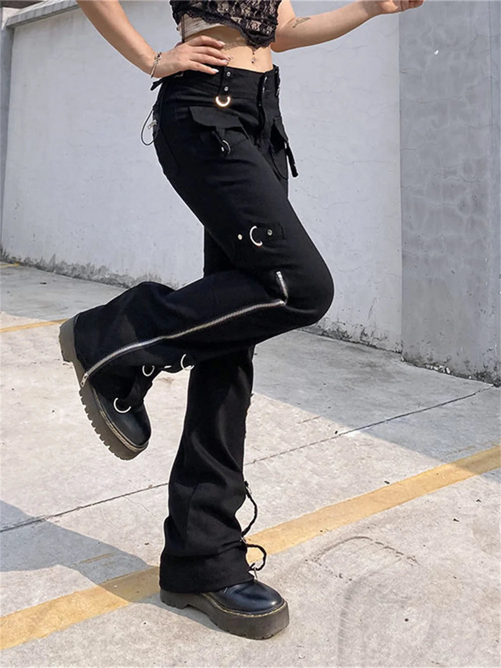 Punk Rivets Zipper Black Cargo Pants