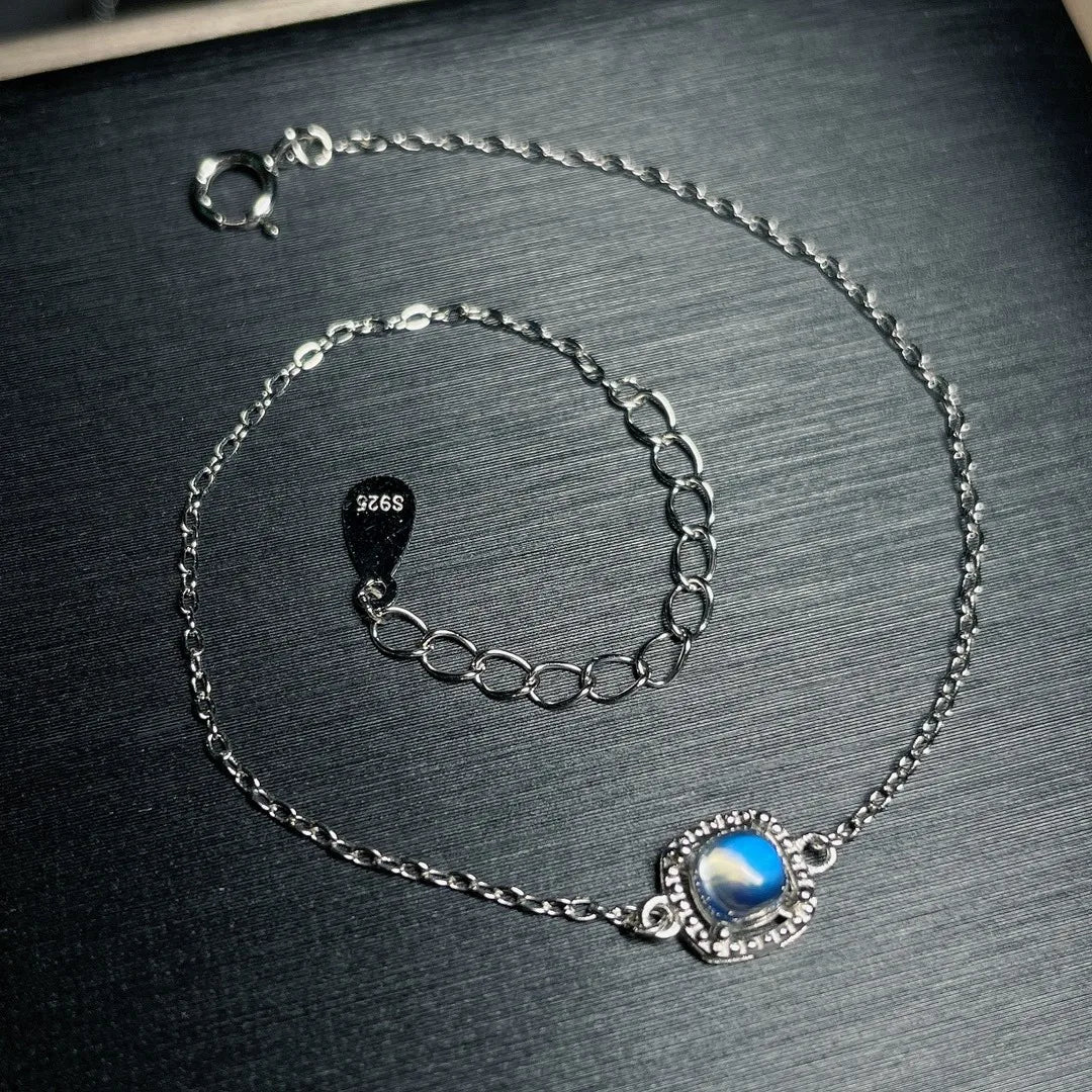 Lunar Charm Crown: S925 Silver Moonstone Bracelet