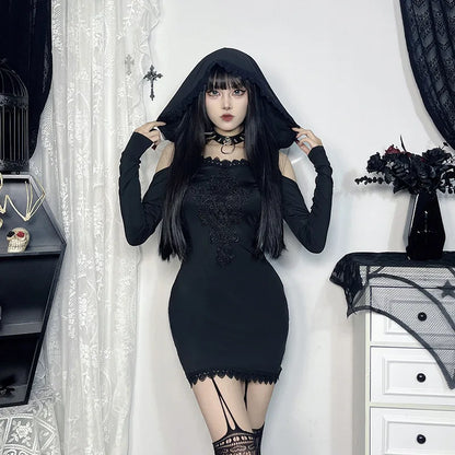 Gothic Velour Hooded Mini Dress