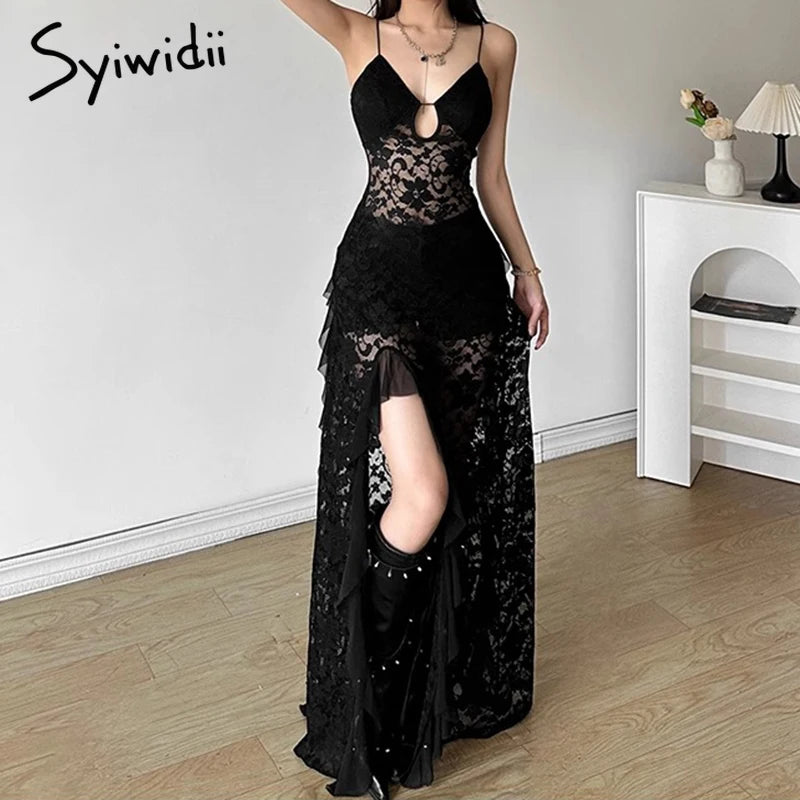 Luxe Lace V-Neck Ruffle Evening Dress
