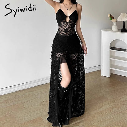 Luxe Lace V-Neck Ruffle Evening Dress