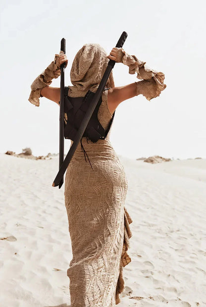 Desert Chic: 2-Piece Hooded Dress & Oversleeves Set