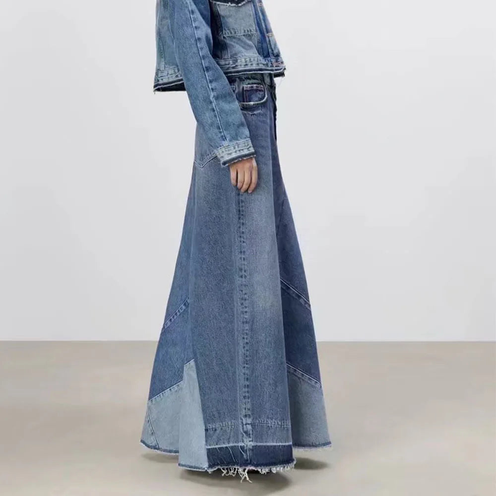 Denim Skirt Long Women Blue Patchwork