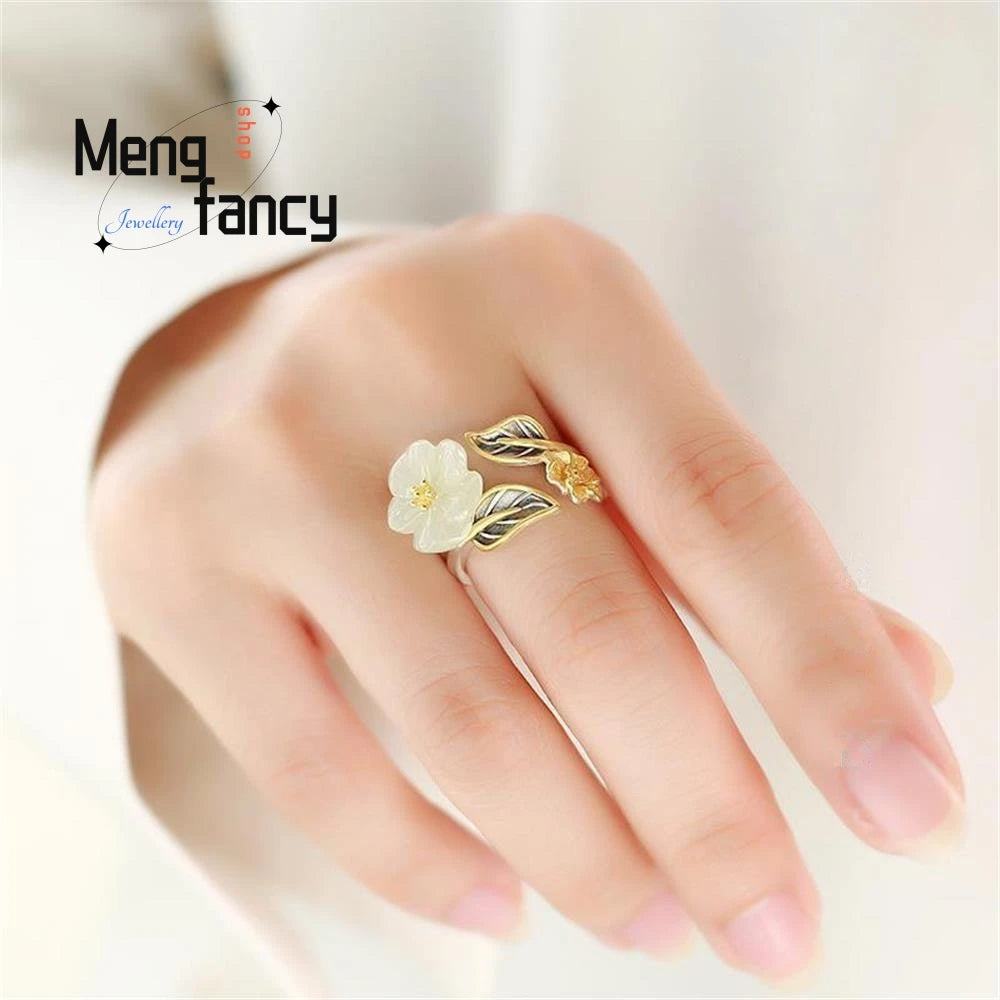 Natural White Hetian Jade Flower Ring 925 Silver Jewelry Eternity  Couple Luxury Promise Adjustable Rings Gift For Girlfriend