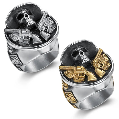 Personalized Retro Stainless Steel Wearing Round Hat, Double Gun Skull Men's Rings Size 8-14