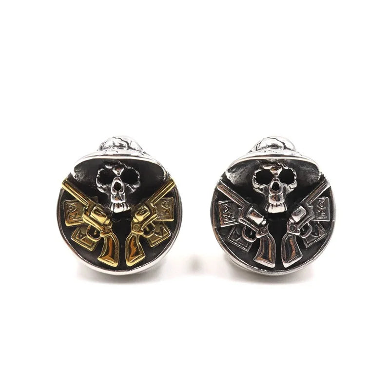 Personalized Retro Stainless Steel Wearing Round Hat, Double Gun Skull Men's Rings Size 8-14