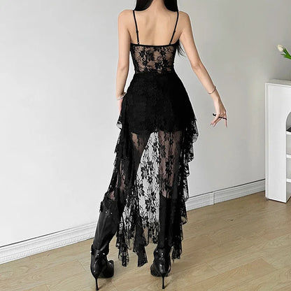 Waist Ruffled Split Black Dress