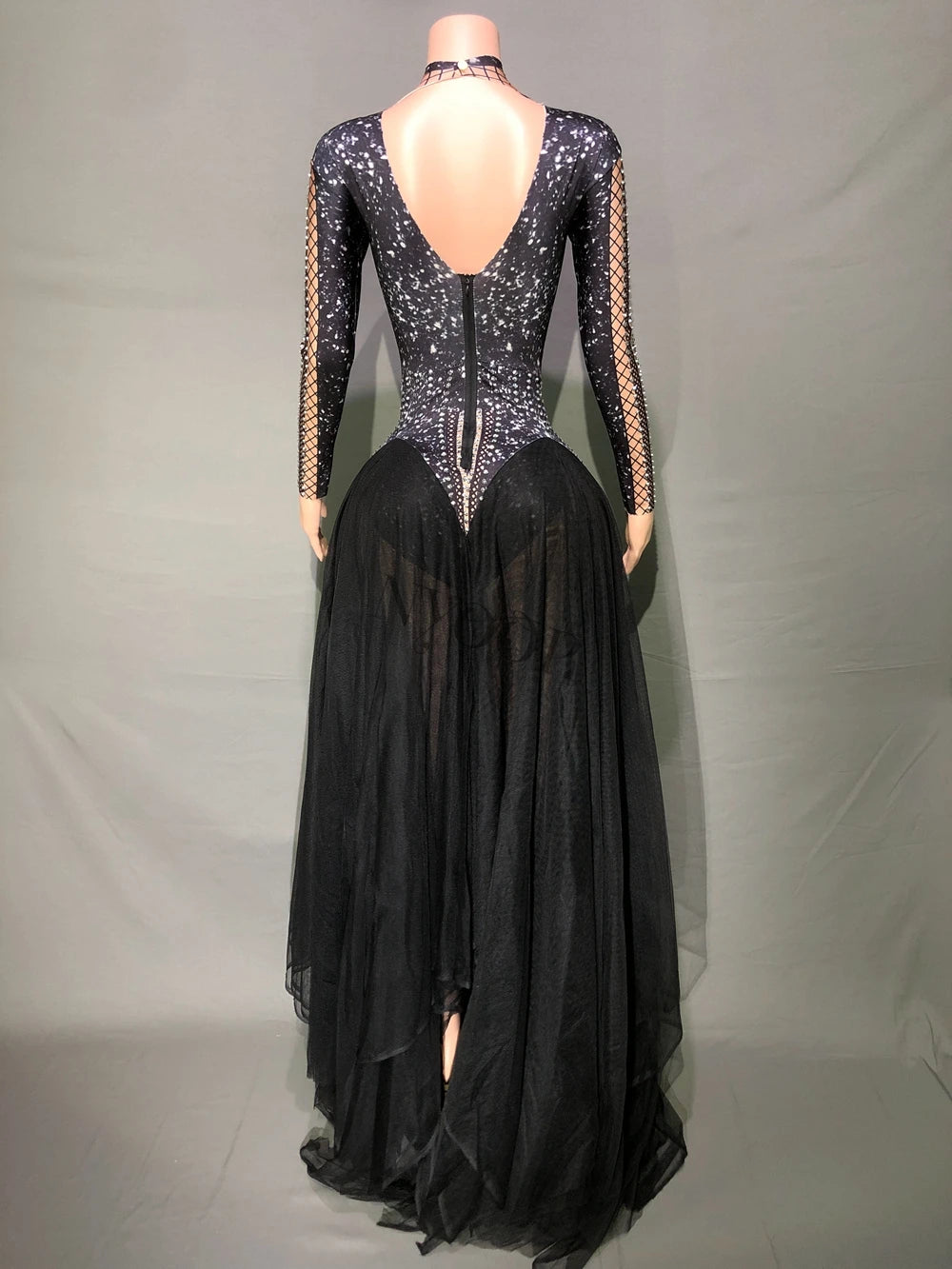 Sparkly Rhinestones Black Mesh Long Dress