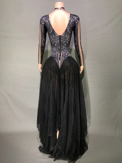 Sparkly Rhinestones Black Mesh Long Dress