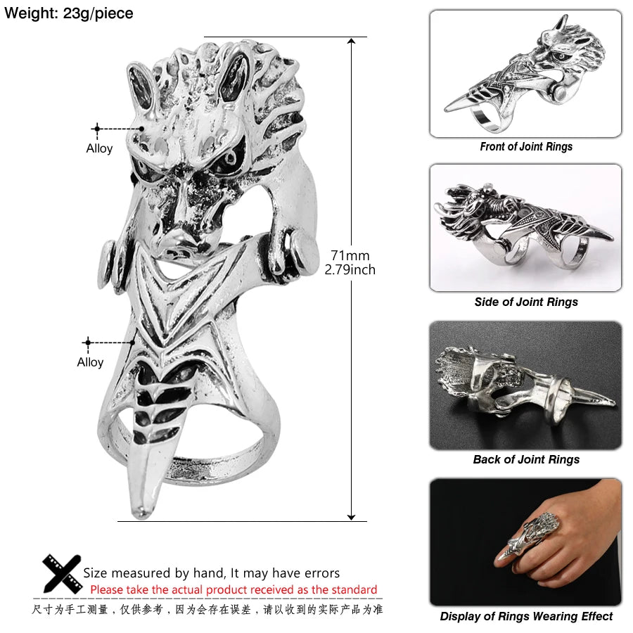 Gothic Knuckle Dragon Rings Vintage Wolf Silvery Armor