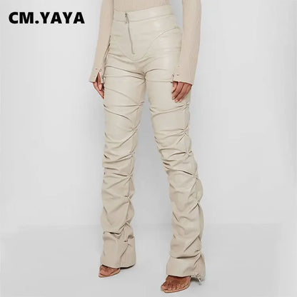 Skinny Full Length Mid PU Leather Pleated Women Bottoms Pants