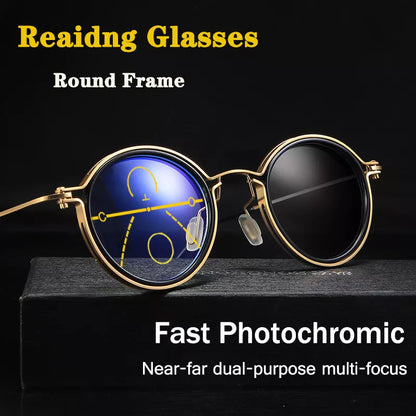 Round frame Retro Progressive Photochromic Reading Glasses