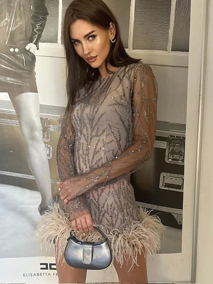 Product Name: Luxe Feather Sequin Mini Dress