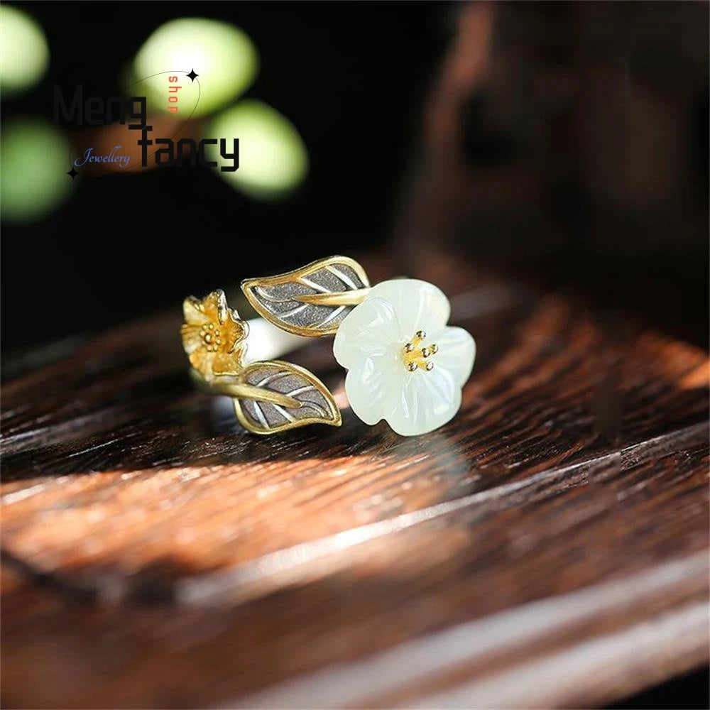 Natural White Hetian Jade Flower Ring 925 Silver Jewelry Eternity  Couple Luxury Promise Adjustable Rings Gift For Girlfriend