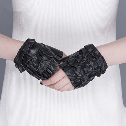 Real Leather Gloves Black Fashion Fingerless Unlined Gloves