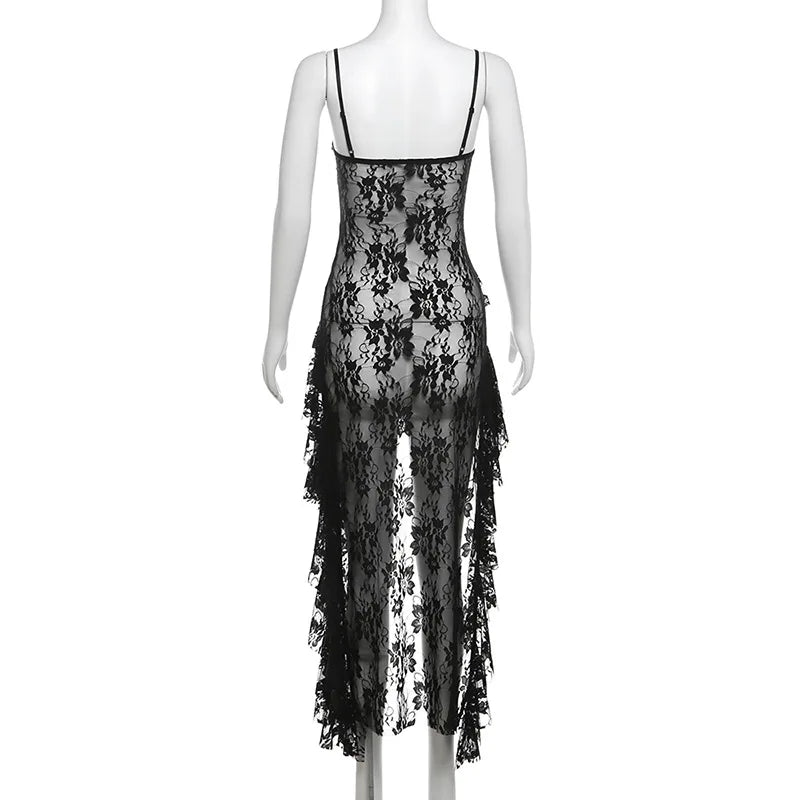 Waist Ruffled Split Black Dress
