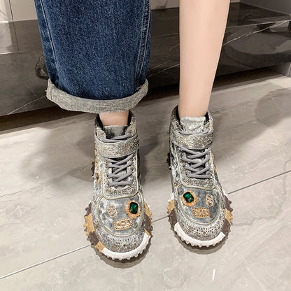 Winter Ladies Warm Vulcanized High Top Plus Fashion Rhinestone Decorative Lace-up Women flat shoes Sneakers creepers