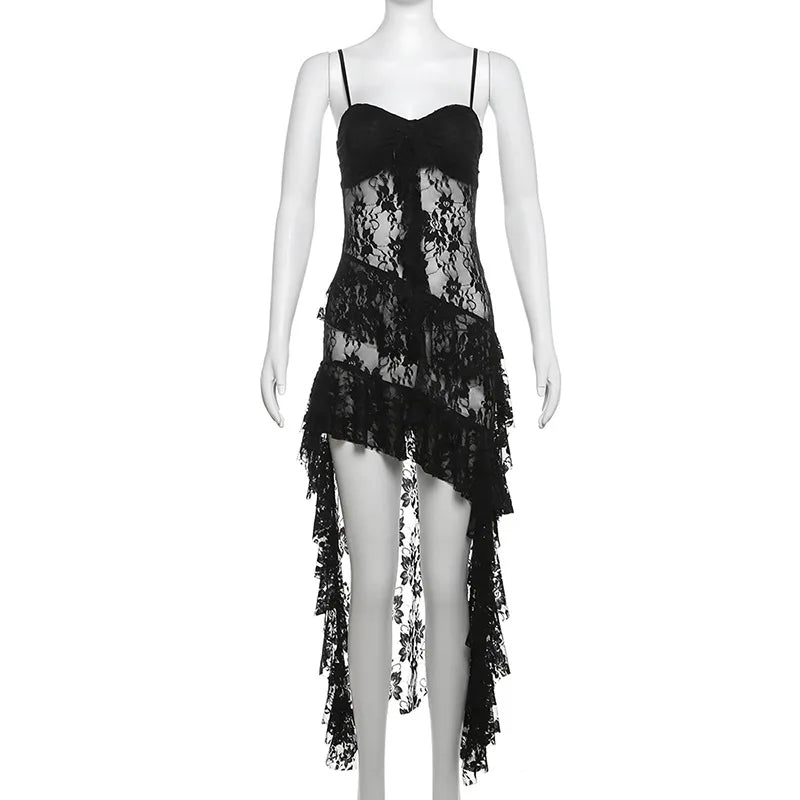 Waist Ruffled Split Black Dress