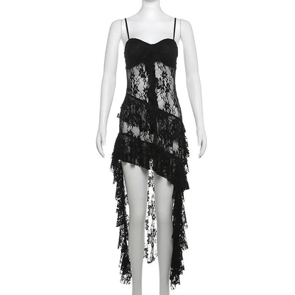 Waist Ruffled Split Black Dress