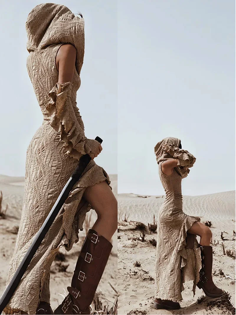 Desert Chic: 2-Piece Hooded Dress & Oversleeves Set