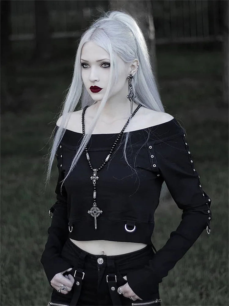 Gothic Punk Slash Neck Crop Top — Y2K Long Sleeve