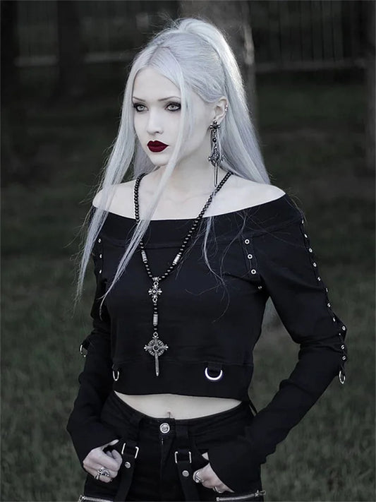 Gothic Punk Slash Neck Crop Top — Y2K Long Sleeve