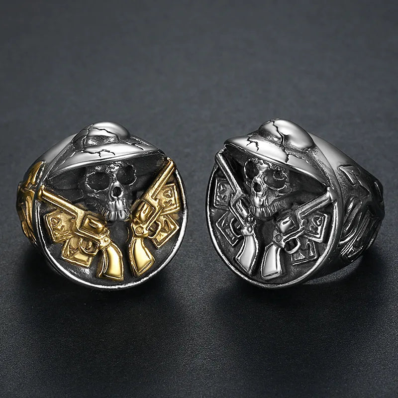 Personalized Retro Stainless Steel Wearing Round Hat, Double Gun Skull Men's Rings Size 8-14