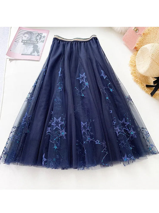 Heavy Work Elegant Star Embroidered Women Skirts