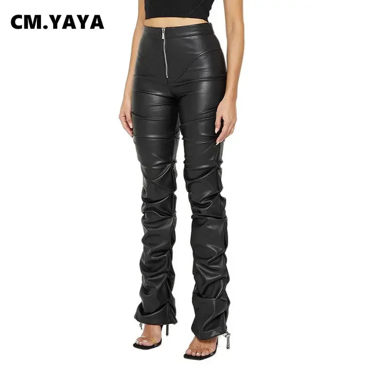 Skinny Full Length Mid PU Leather Pleated Women Bottoms Pants