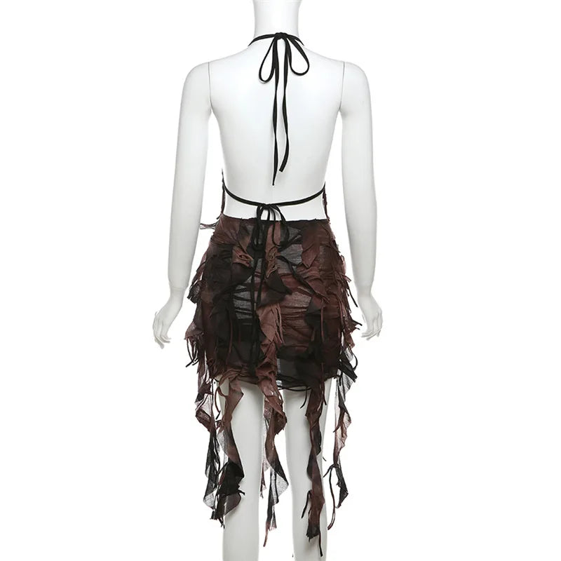 Retro Gradient Summer Halter Dress with Tassels