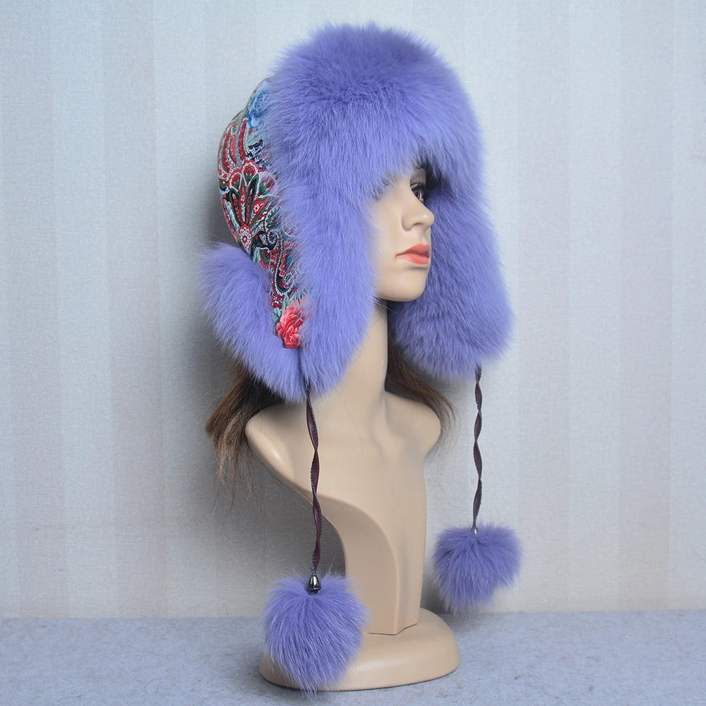 Winter Hat with Ear Real Fox Fur Caps Russian Women