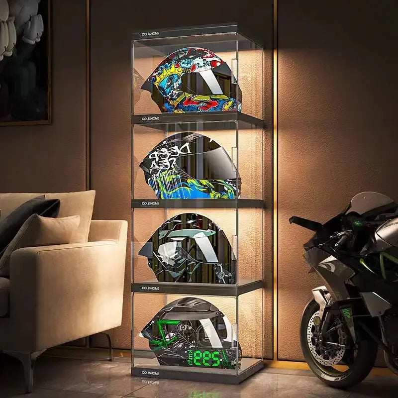 Transparent Storage Boxes Helmet Storage Shelf Rack Corner Cabinet