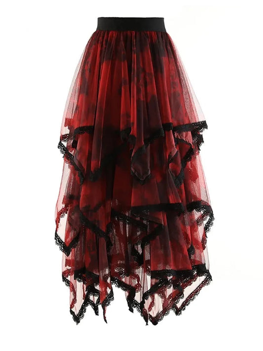 Red Irregular Ruffles Long Mesh Half-body Skirt