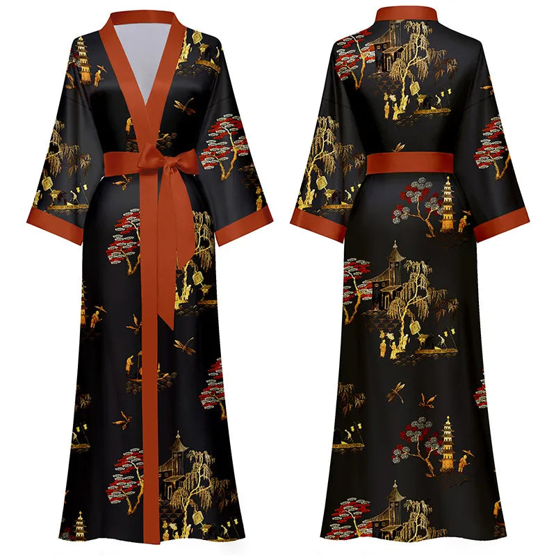 Long Robe Kimono Bathrobe Gown Satin Home Dress