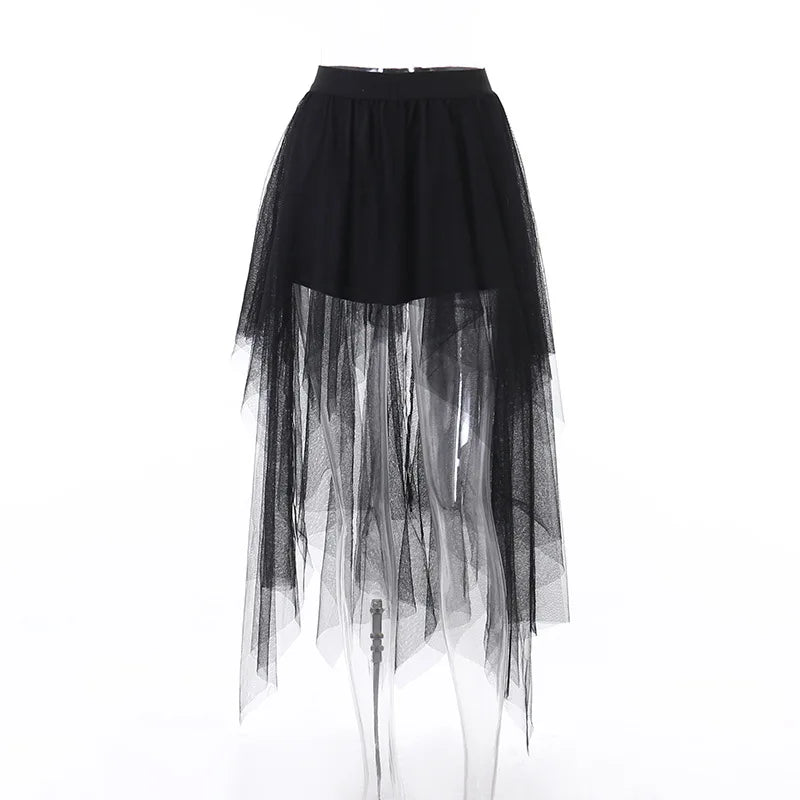 Gothic Mesh High-Waisted Asymmetrical Skirt