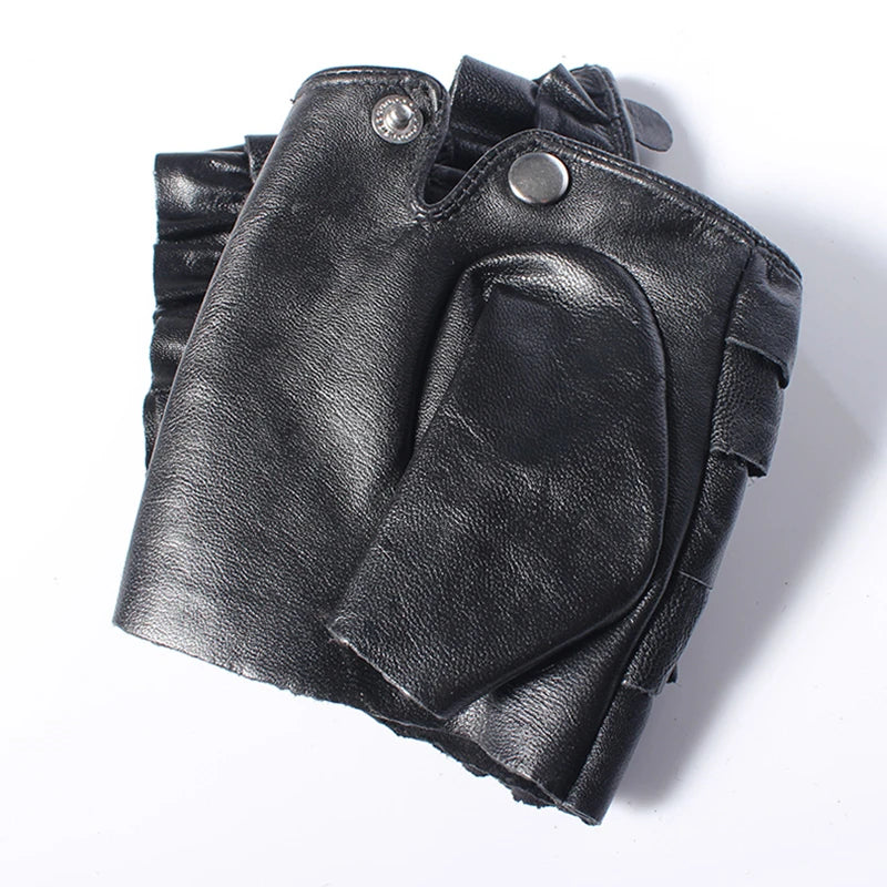 Real Leather Gloves Black Fashion Fingerless Unlined Gloves