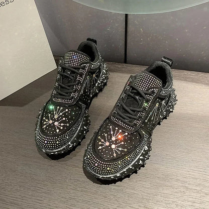 PU Mid Heel  Lace-up Sneakers 2023 High Quality Solid Women's Shoes Spring/Autumn Bling Cotton Fabric Women's Sports Shoes