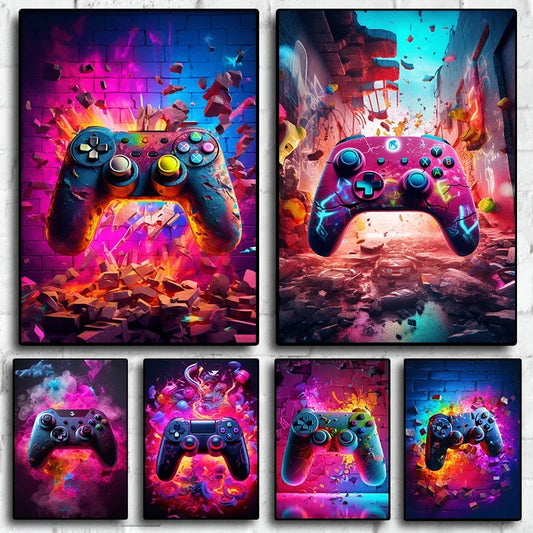 Retro Neon Gamepad Wall Art - 80s Vibe Posters
