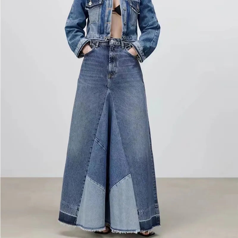 Denim Skirt Long Women Blue Patchwork