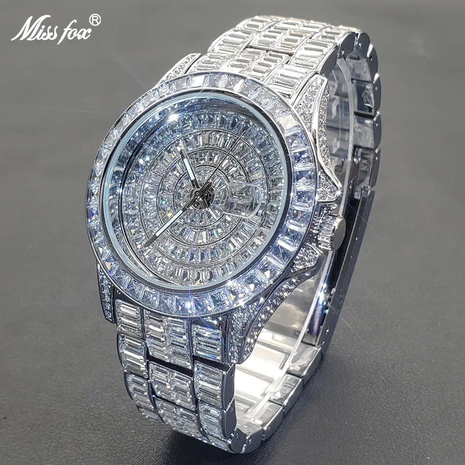 MISSFOX Fully Diamond Watches For Men Top Luxury Stainless Steel Automatic Date Wristwatch Hip Hop Ice Out waterproof Male Clock