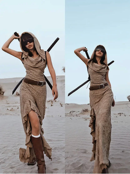 Desert Chic: 2-Piece Hooded Dress & Oversleeves Set