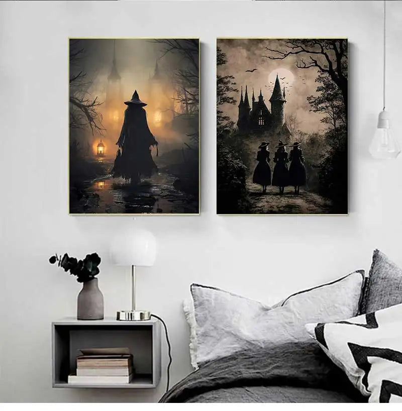 Spooky Retro Wall Art: Witch & Crow Canvas