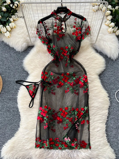 Floral Elegance: Chinese Style Mid-Calf Dress